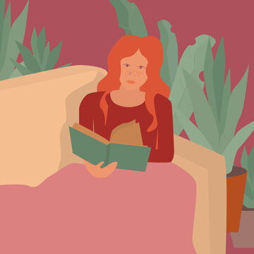 Young sweet ginger girl is resting at a cozy home and read a book. Background with indoor flowers. Character illustation