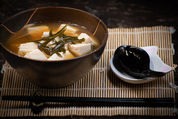 Miso and tofu soup in elegant Japanese bowl