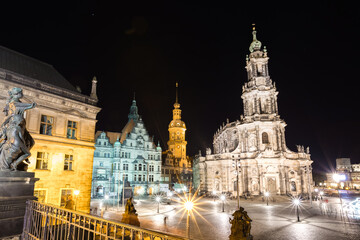Fototapeta na wymiar View of cathedral Catholic Hofkirche and palace Georgenbau. Location Dresden, Saxony land, Germany.