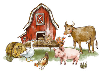 Cute farm house Rustic vintage animals illustration. Goose, chicken, cow pig, haystack © depiano