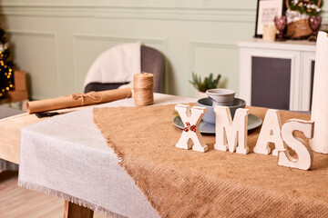 xmas and new year holiday preparations at home. Concept of winter home decoration and gift wrapping