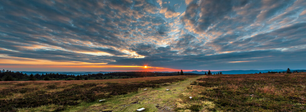 Sunset over the Vosges. Panoramic view from drone