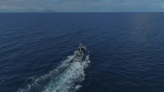 Coast guard patrol boat. Aerial circling