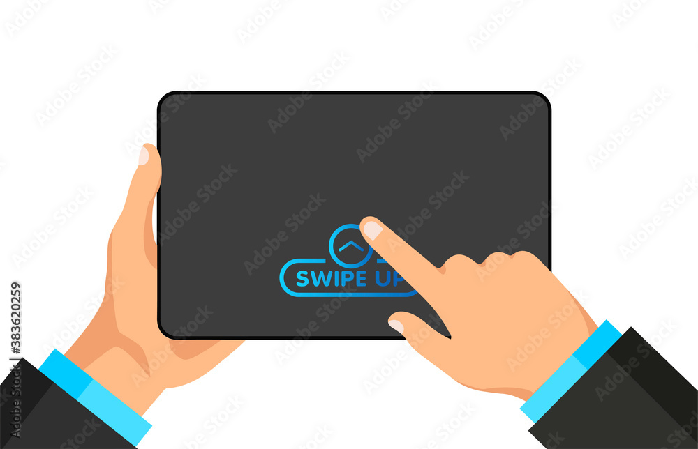 Aufkleber hand holds digital tablet with quick access button for social media on a screen. scroll arrows and w
