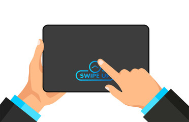 Hand holds digital tablet with quick access button for social media on a screen. Scroll arrows and web icons for advertising and marketing in different apps. Man swipes up on the smartphone display.