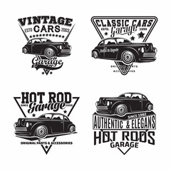 Vintage monochrome Hot Rod garage logo design - obrazy, fototapety, plakaty