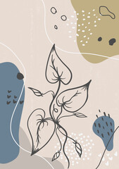 Botanical vintage print boho minimalist wall art abstract home decor floral print leaves art work, vector