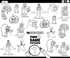 find two same Halloween characters game coloring book page