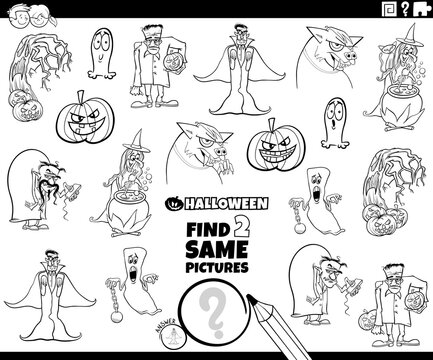 find two same Halloween characters game coloring book page