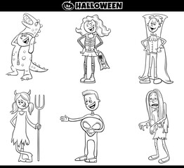 children in Halloween costumes set cartoon coloring book page