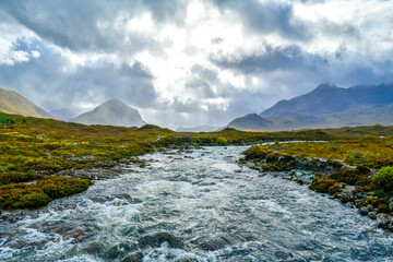 Skye Island landscape view after rain mountain and river