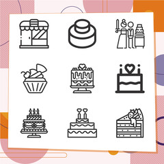 Simple set of 9 icons related to birthday cake