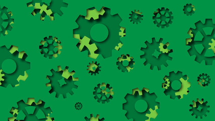 Green background with the image of gears in papercut style. Vector illustration