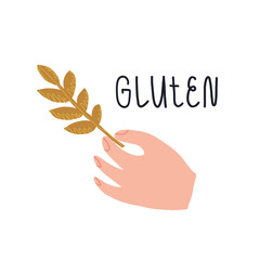 Hand holding wheat sprout, and lettering lettering. Vector hand-drawn isolated illustration.