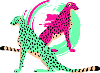 Obraz premium Leopard vector illustration in pink and mint colors