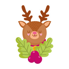 merry christmas, cartoon reindeer with holly berry, isolated design