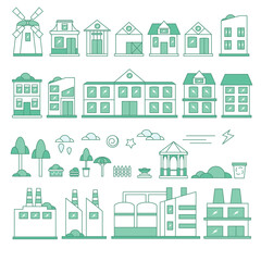 Vector set of linear icons and illustrations with buildings and houses