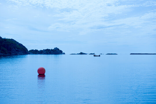 Red bouy in the middle of a flord at night