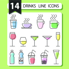 14 colorful drinks line icons