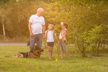 Fototapeta premium grandfather and two granddaughters are walking in the park