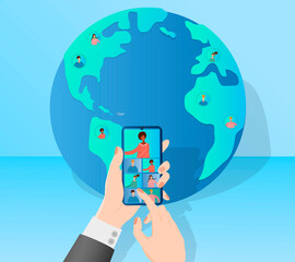A businessman holds an online video conference using a smartphone.Hands of a person with a smartphone on the background of the planet Earth.modern technologies remote work and freelancing.Flat vector 
