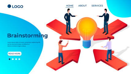 Brainstorming.Businessmen are looking for new ideas.The concept of teamwork analysis of situations.The template of the landing page.Isometric vector illustration.