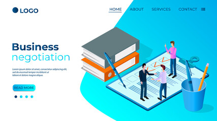 Business negotiation.A successful deal of partnership the concept of signing the contract.Businessmen are negotiating.Isometric vector illustration.The template of the landing page.