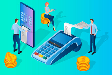 Online payments.People on the background of a smartphone and a payment terminal are engaged in transferring Bank funds.The concept of online banking and transfers via the Internet.Isometric vector ill