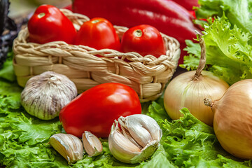 still life of fresh vegetables on a table in the kitchen: lettuce, plum tomatos, onions, garlic, chili pepper and herbs