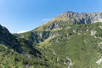 Fototapeta na wymiar Tatra Mountains landscape, view from Dolina Roztoki, Valley of Roztoka, trail to Dolina Pięciu Stawów, view of Dolinka Buczynowa