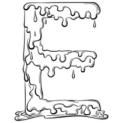 Letter E with flow drops and goo splash. Dripping liquid symbol. Vector trendy font made in hand drawn line art style isolated on white background. Slime logo or initial letter.