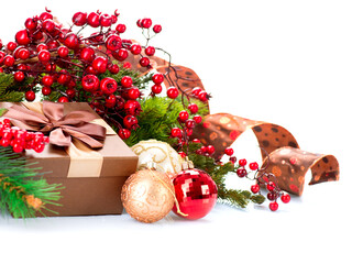Christmas Decorations and Gift Box Isolated on White