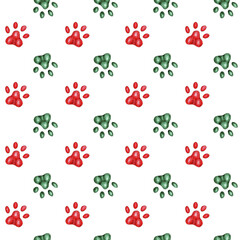 Watercolor red and green cat paw prints pattern, seamless digital paper. Christmas design for animal lovers.