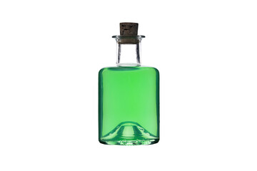 Corked bottle of mysterious liquid. Vintage glass bottle containing green liquid isolated on white background. Magic spell and potion, apothecary elixir or deadly poison conceptual idea.
