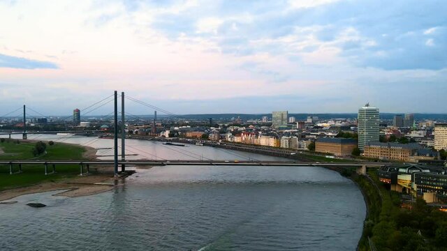 Düsseldorf, Germany - drone hyperlapse shot of the media harbour/ cityscape while sunset.