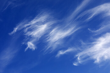 Weiße Federwolken am blauen Himmel