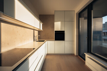 Minimalist kitchen of city apartment in morning sun. Kitchen has modern appliances and premium materials such as wood, glass, concrete and stainless steel. On the right is balcony with large window.