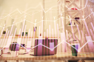 Double exposure of stock market graph drawing and office interior background. Concept of financial analysis.