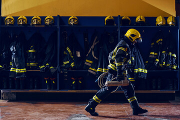 Brave young firefighter in protective uniform, with helmet on head carrying fire equipment prepared...