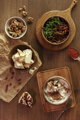 dishes and snacks of traditional Caucasian Georgian cuisine. classic national serving on a rustic wooden table