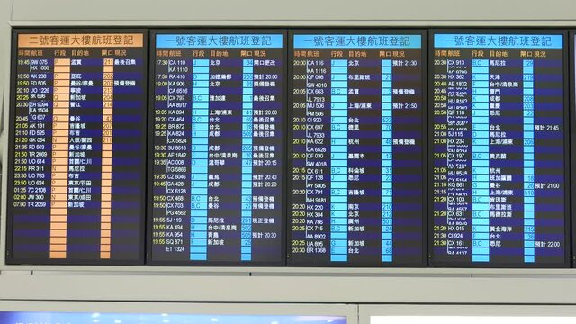 First and second terminals check in and flight status at large displays. First shown on Chinese, then switch to English text. Modern international airport schedule information screen