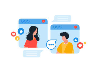 Couple talking to each other on video call. Conversation concept. Vector illustration.