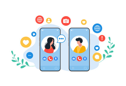 Friends video calling on phones. Social networking, chatting with phone.