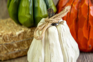 Close view of the white pumpkin with the blur view on the back with other colored pumpkins