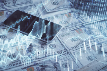 Double exposure of forex graph drawing over us dollars bill background. Concept of financial markets.