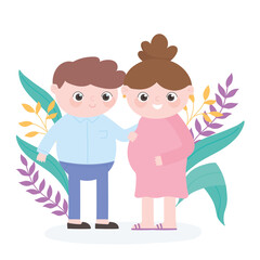 pregnancy and maternity, father and woman pregnant, leaves nature decoration