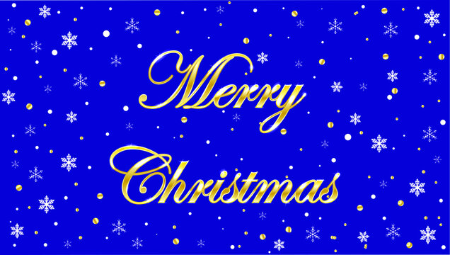 Merry christmas gold lettering. Darck blue background. Snowflakes. Gold and white balls. Christmas boarder.