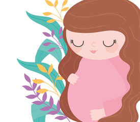 pregnancy and maternity, cute pregnant woman touching belly, floral decoration background