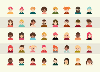 people diverse faces of different ethnicity flat icons set