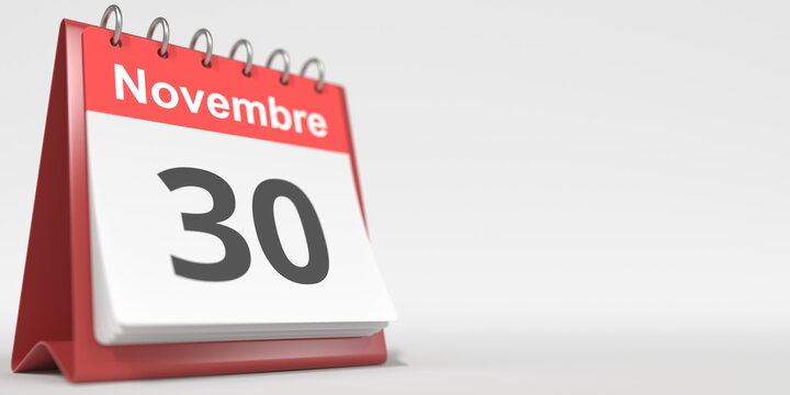 November 30 date written in French on the flip calendar page, 3d rendering